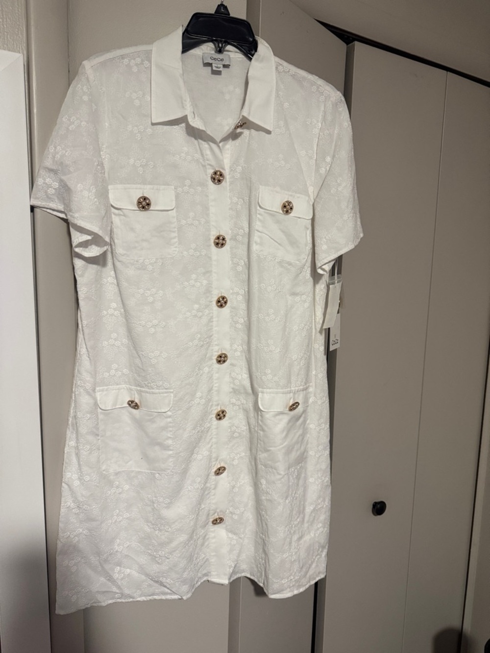 CeCe White Eyelet Button-Front Mini Dress with Decorative Buttons